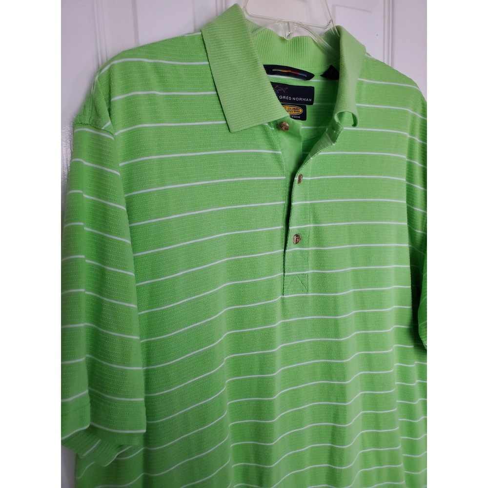Greg Norman Polo Shirt Green Striped Play Dry‎ Performance Golf Top XL Casual